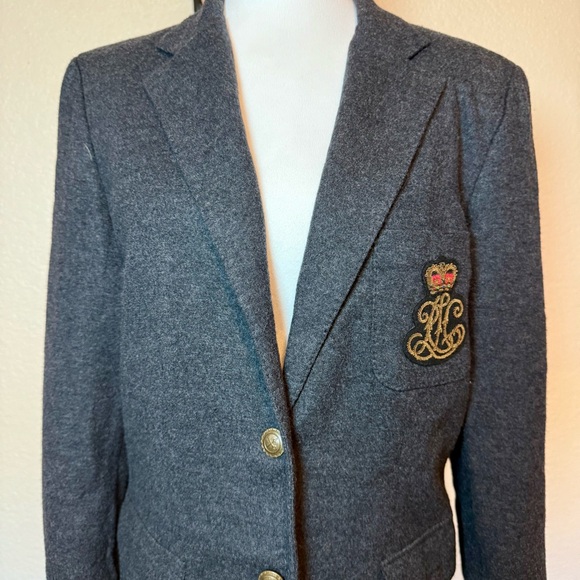 Ralph Lauren Vintage Wool Blazer Jacket Crest Patch Charcoal Gray Size 14 - Picture 2 of 15
